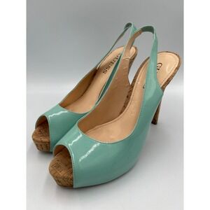 Guess Hondo Mint Green Patent Leather Cork Slingback Peep Toe Platform Heels 8M
